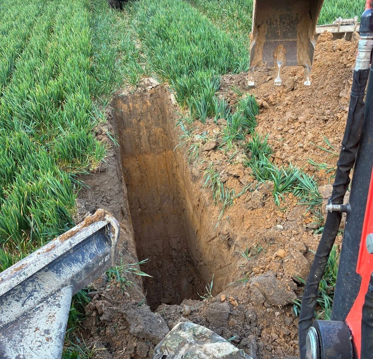 Deep excavation, sides supported, by J.E. Jones, groundworks and earthworks contractors, Lincolnshire