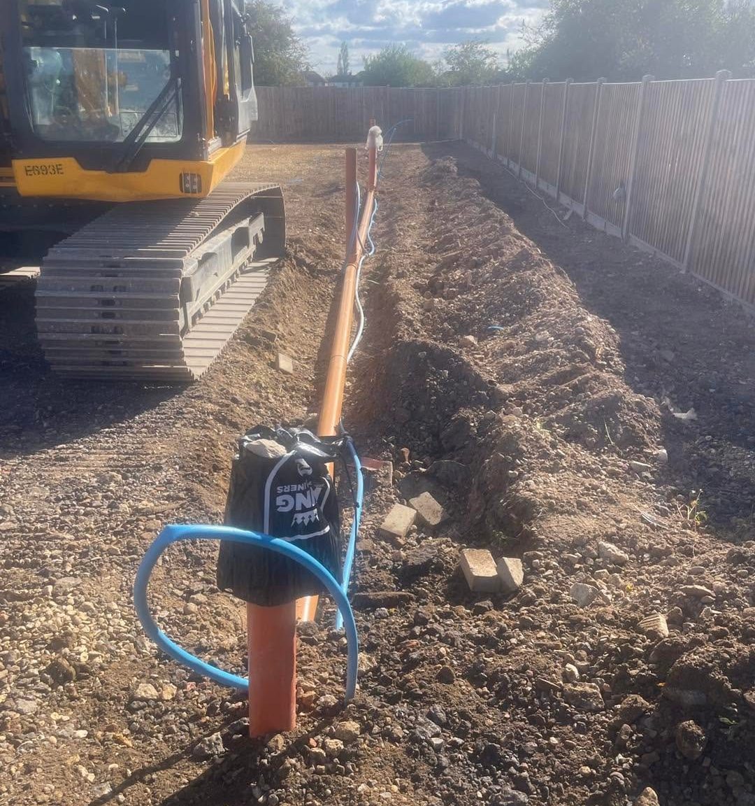 Ducting installed ahead of backfill, by J.E. Jones, groundworks and earthworks contractors, Lincolnshire