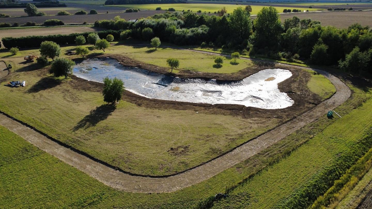 Lined lagoon, aerial view, by J.E. Jones, groundworks and earthworks contractors, Lincolnshire